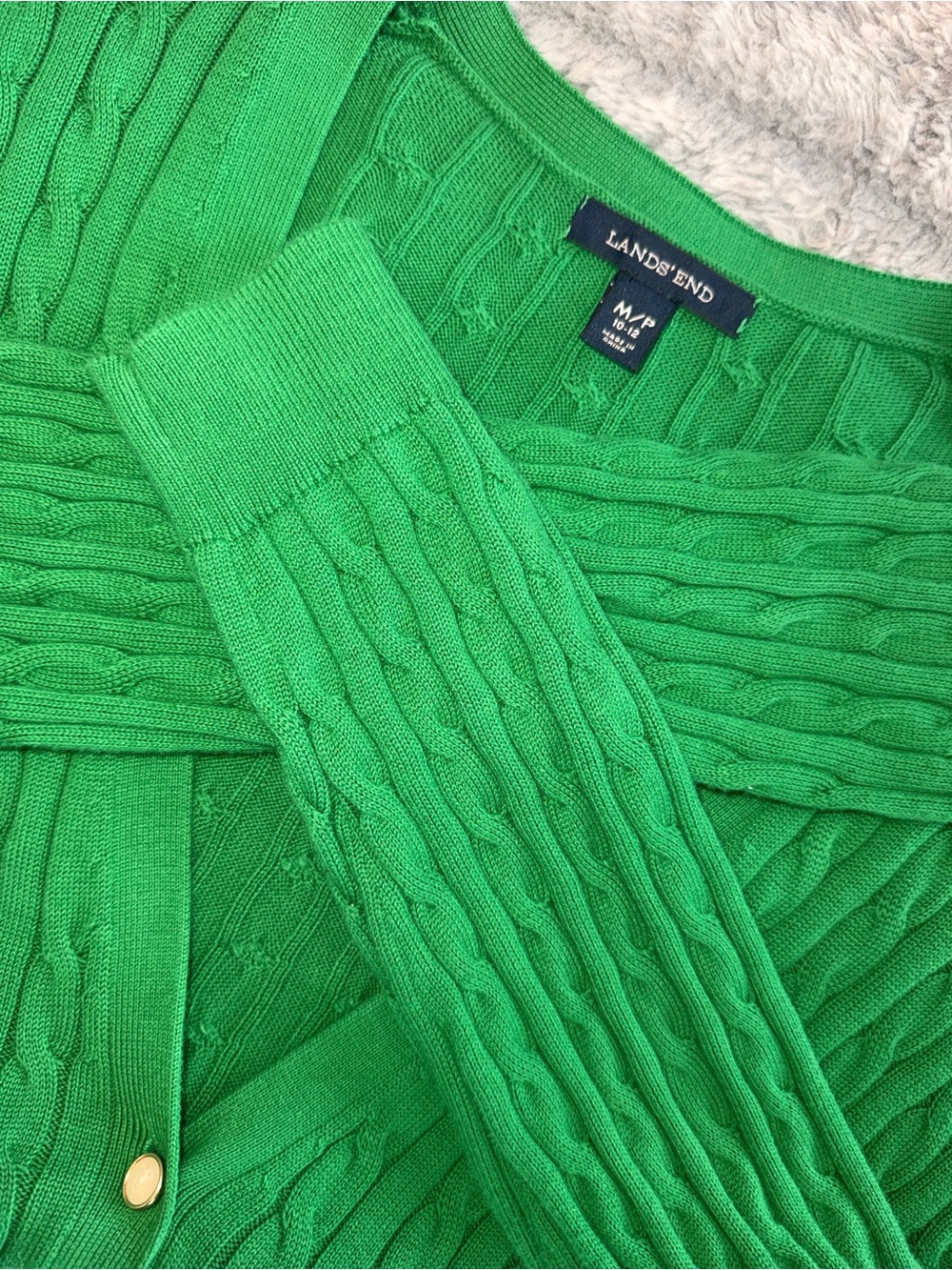 Lands' End Bright Green Cable Knit V‑Neck Button Cardigan - Picture 5 of 5